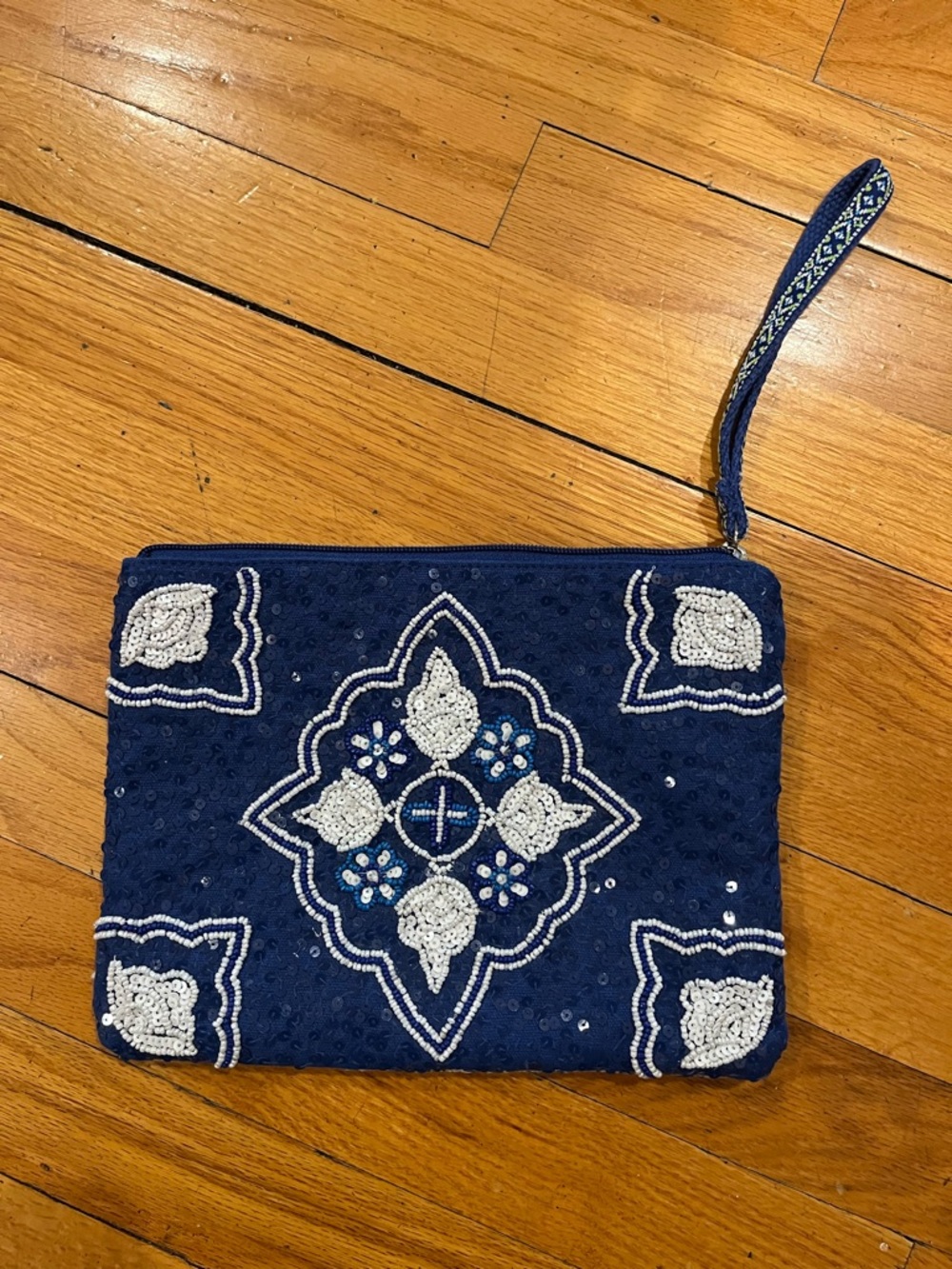 Navy Beaded Embroidered Wristlet Clutch